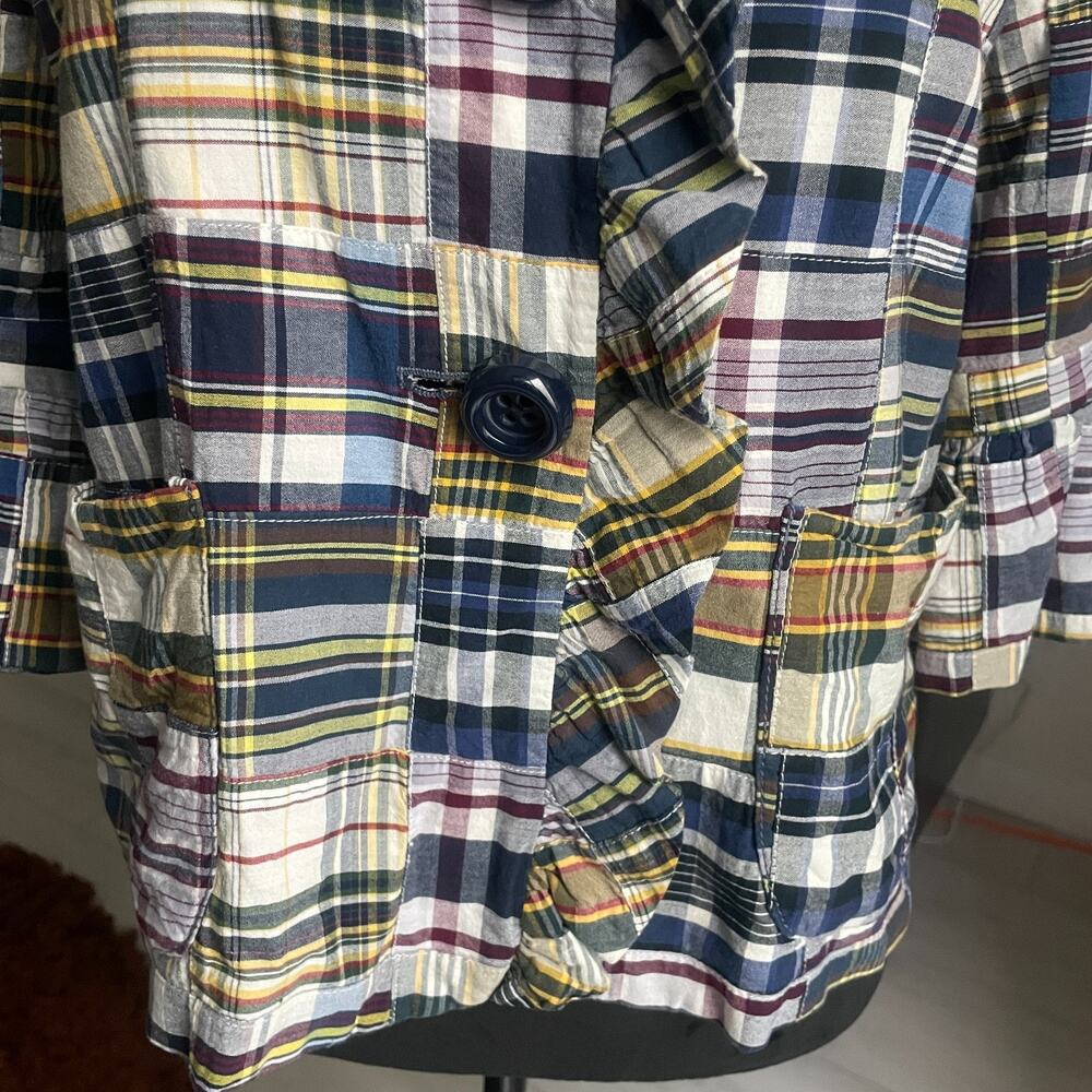 90s J. Crew Women's 6 Rainbow Madras Plaid Ruffled Swing 1/4 Sleeve Jacket - Picture 3 of 9
